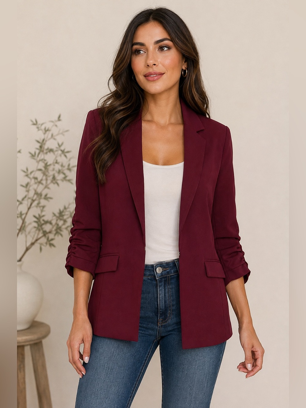 INC International Concepts Burgundy Ruched-Sleeve Blazer